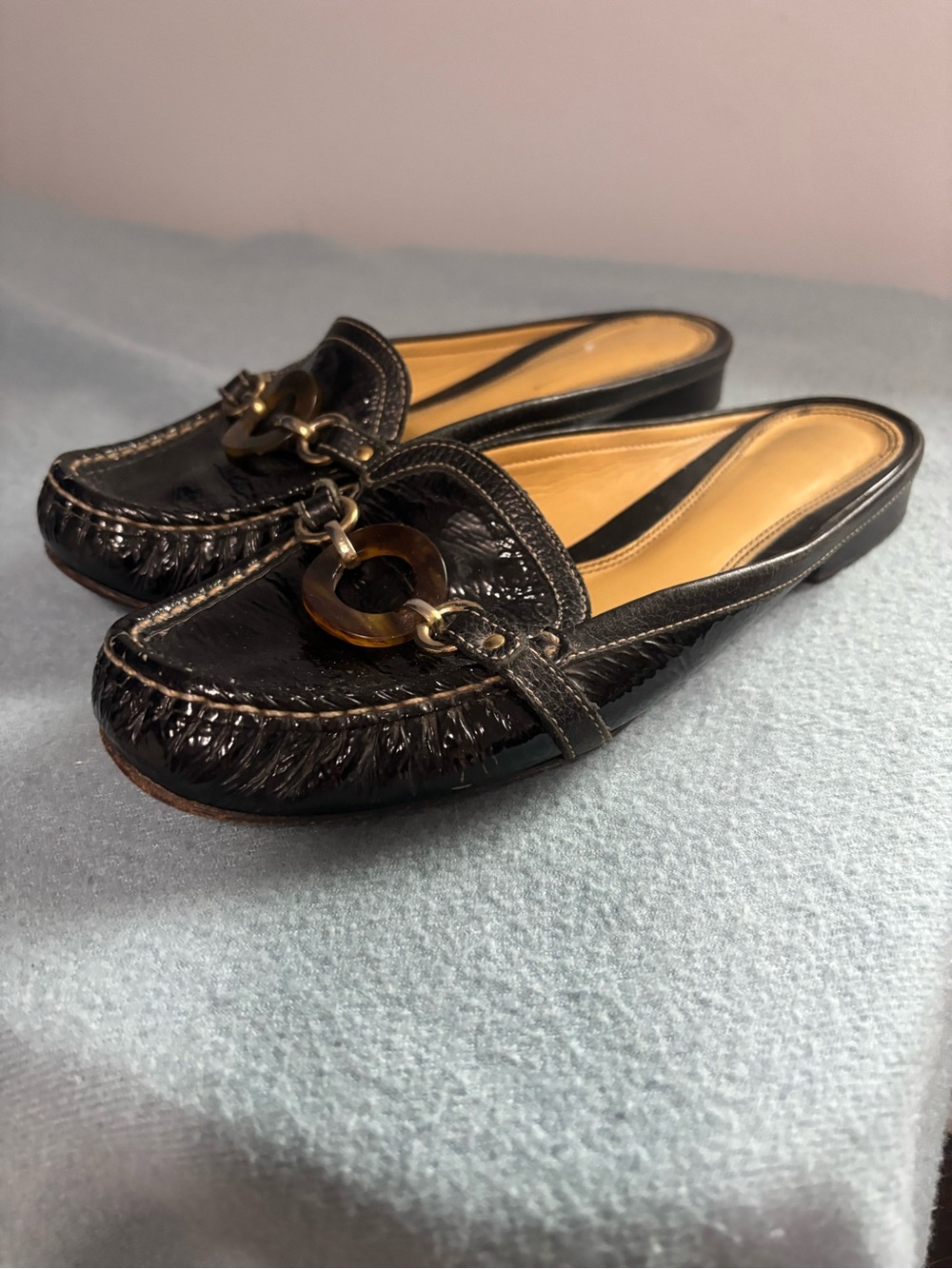 Black Patent Leather Mule Loafers with Tortoiseshell Ring Detail